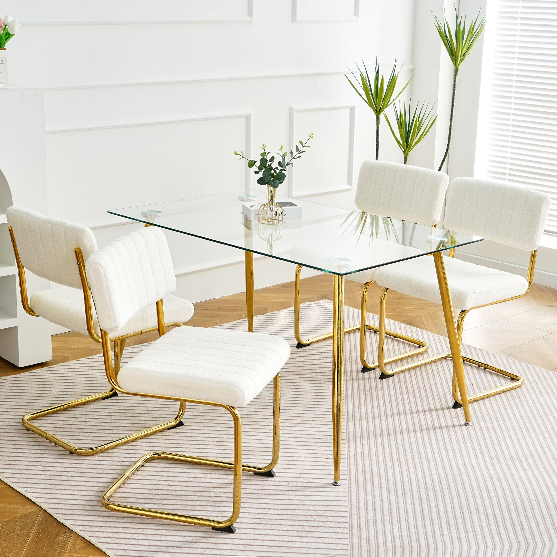 Modern Simple Table And Chair Set, One Table And Four Chairs. Transparent Tempered Glass Top, Gold Plated Legs. Gold Plated Metal Chair Legs Set Of 5 White Gold Dining Room Rectangular Kitchen &