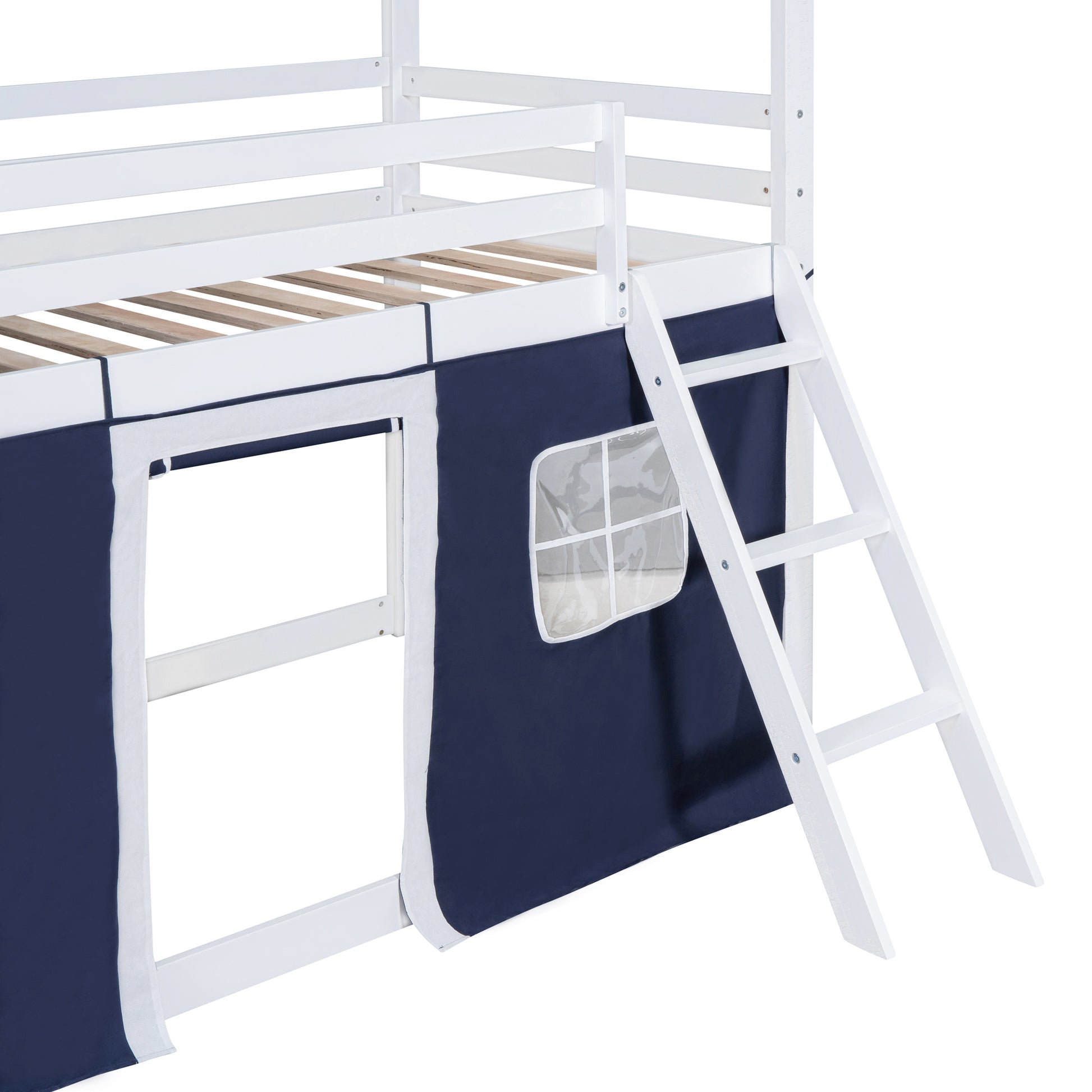 Twin Size Bunk Wood House Bed With Elegant Windows, Sills And Tent, Blue White Twin White Blue Solid Wood Mdf