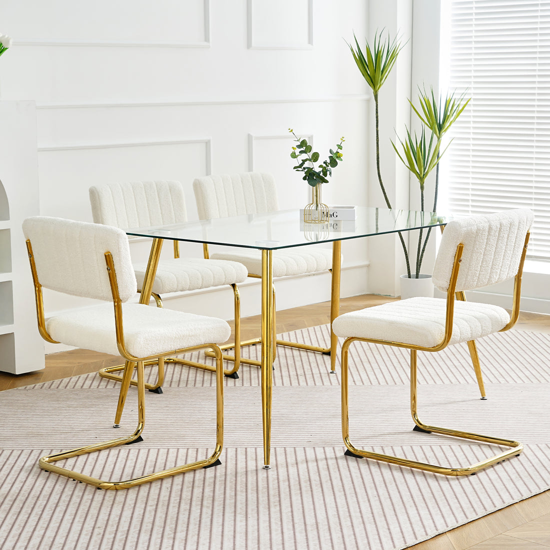 Modern Simple Table And Chair Set, One Table And Four Chairs. Transparent Tempered Glass Top, Gold Plated Legs. Gold Plated Metal Chair Legs Set Of 5 White Gold Dining Room Rectangular Kitchen &
