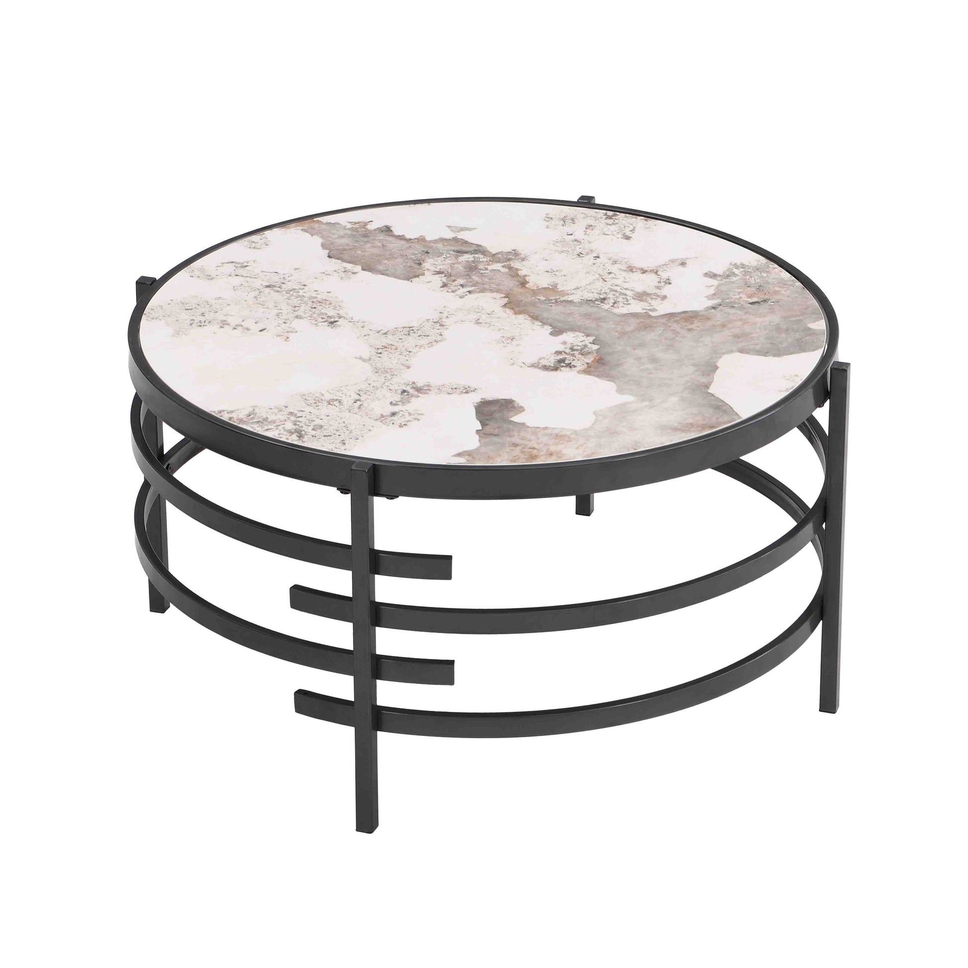 32.48'' Round Coffee Table With Sintered Stone Top&Sturdy Metal Frame, Modern Coffee Table For Living Room, Darker Gray Gray Iron