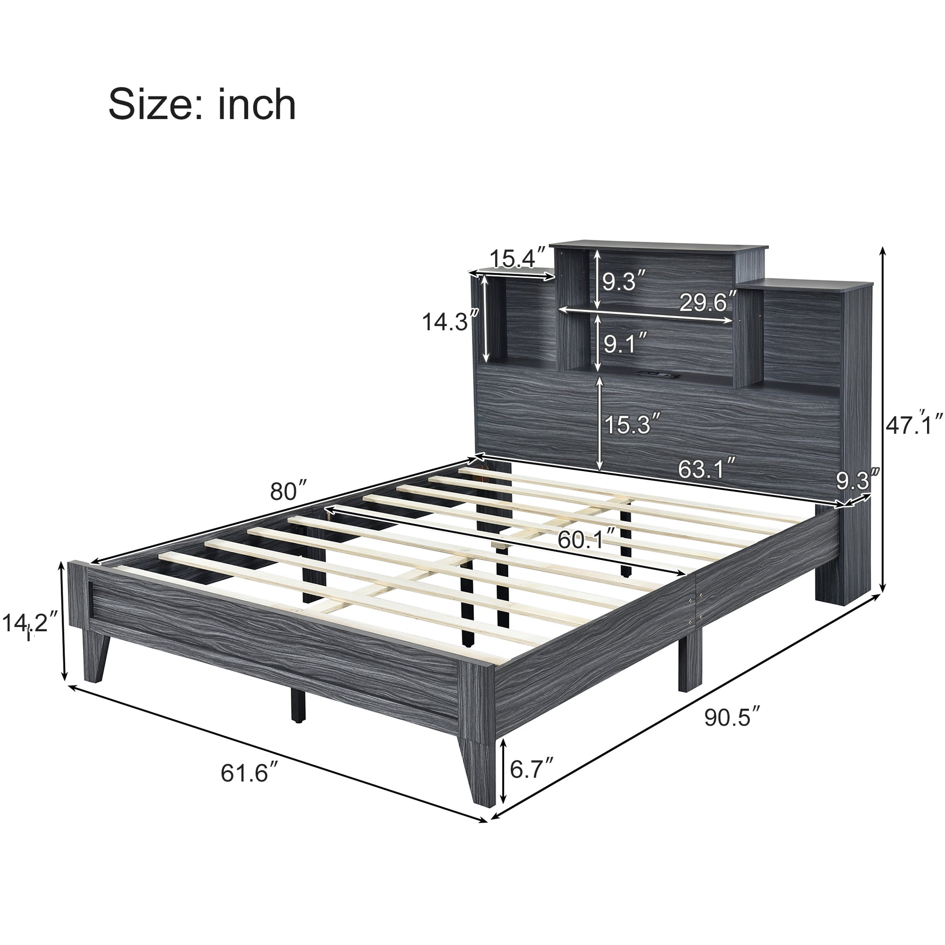 Queen Size Storage Platform Bed Frame With 4 Open Storage Shelves And Usb Charging Design,Gray Gray Solid Wood Mdf