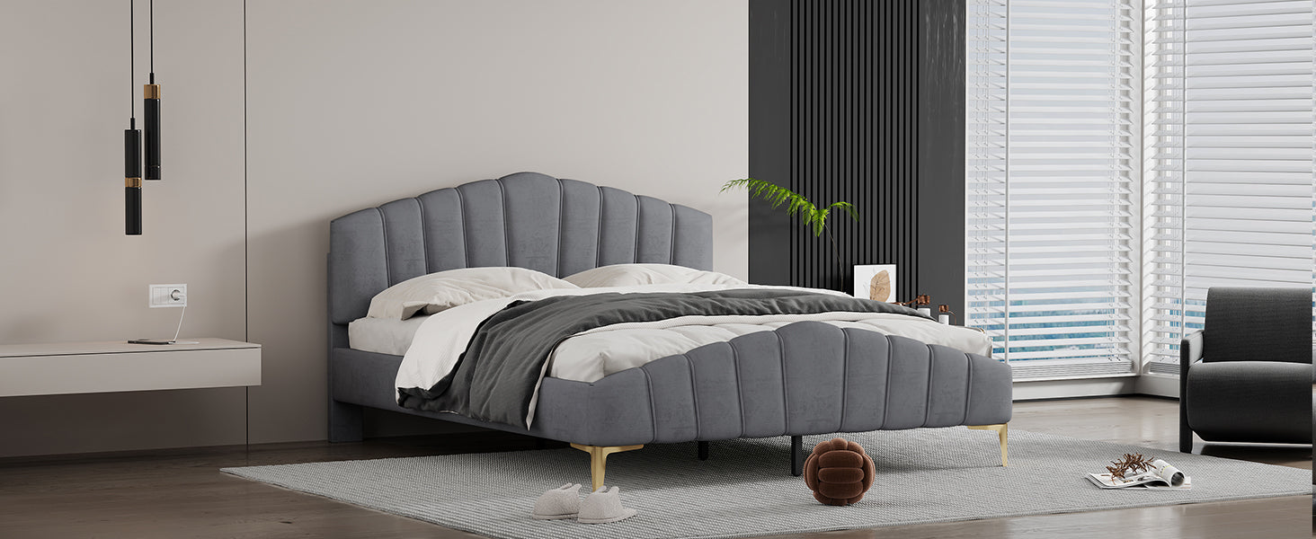 Queen Size Velvet Platform Bed With Thick Fabric, Stylish Stripe Decorated Bedboard And Elegant Metal Bed Leg, Gray Gray Velvet