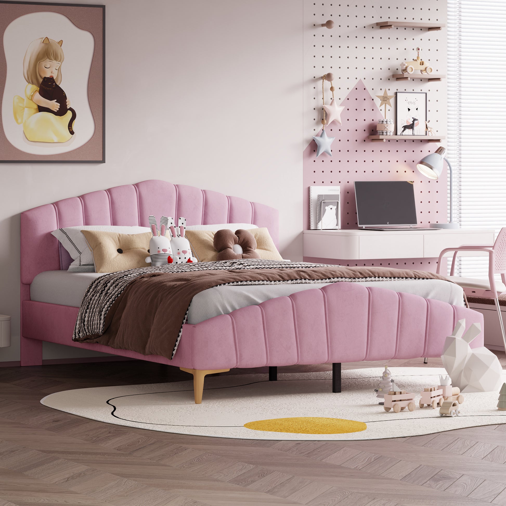 Queen Size Velvet Platform Bed With Thick Fabric, Stylish Stripe Decorated Bedboard And Elegant Metal Bed Leg, Pink Pink Velvet