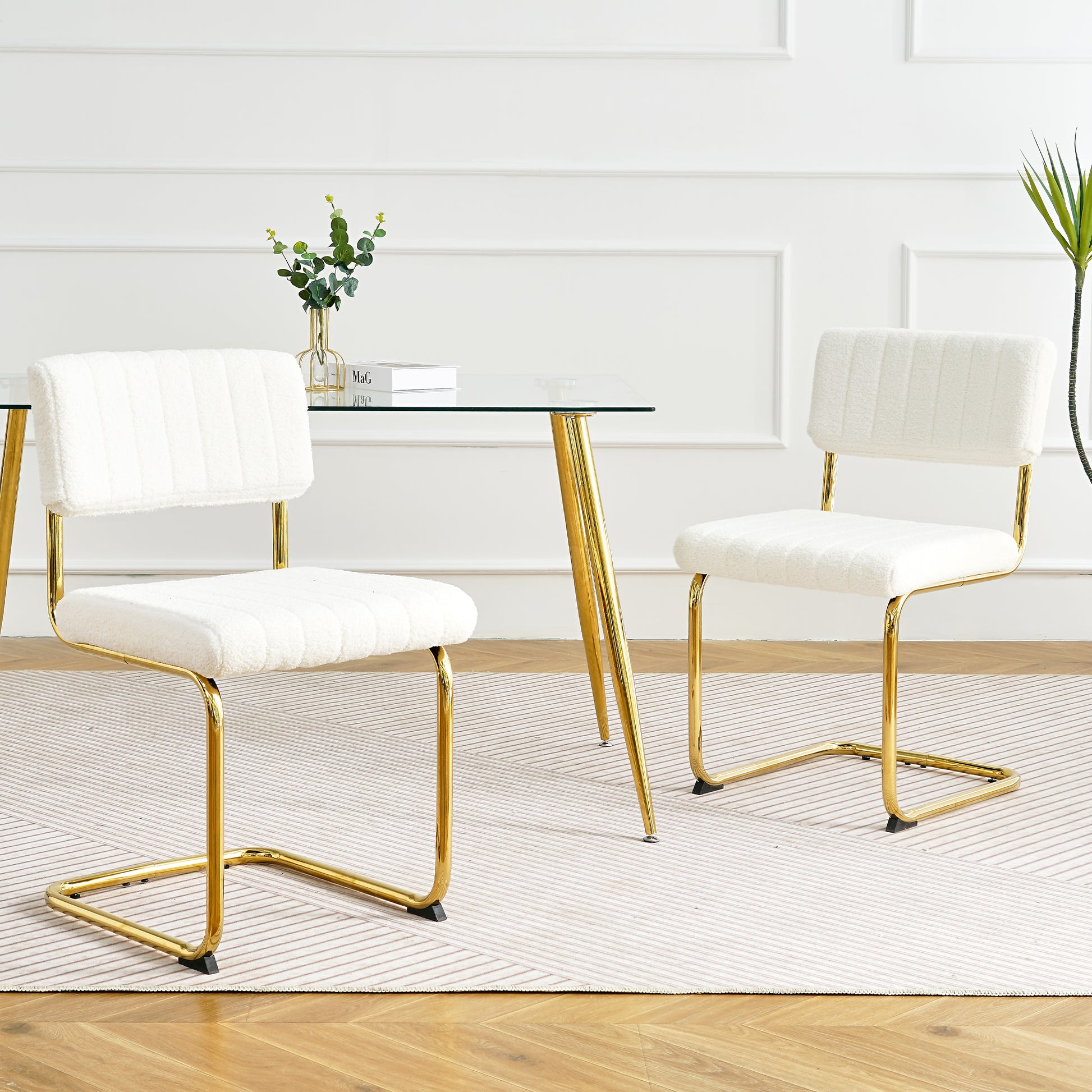 Modern Simple Table And Chair Set, One Table And Four Chairs. Transparent Tempered Glass Top, Gold Plated Legs. Gold Plated Metal Chair Legs Set Of 5 White Gold Dining Room Rectangular Kitchen &