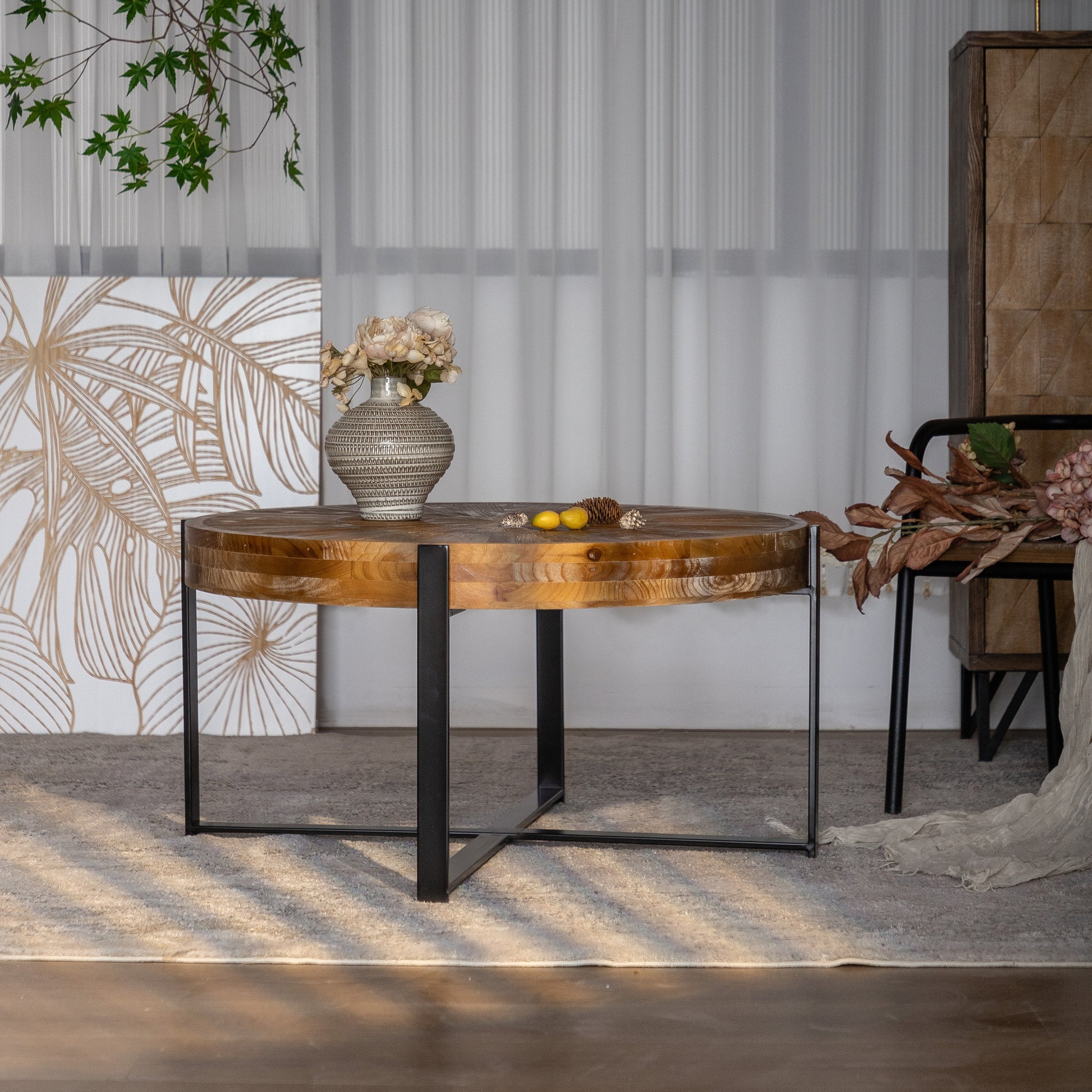 33.46"Retro Drawing Technology Splicing Round Coffee Table,Fir Wood Table Top With Black Cross Legs Base Natural Mdf Steel