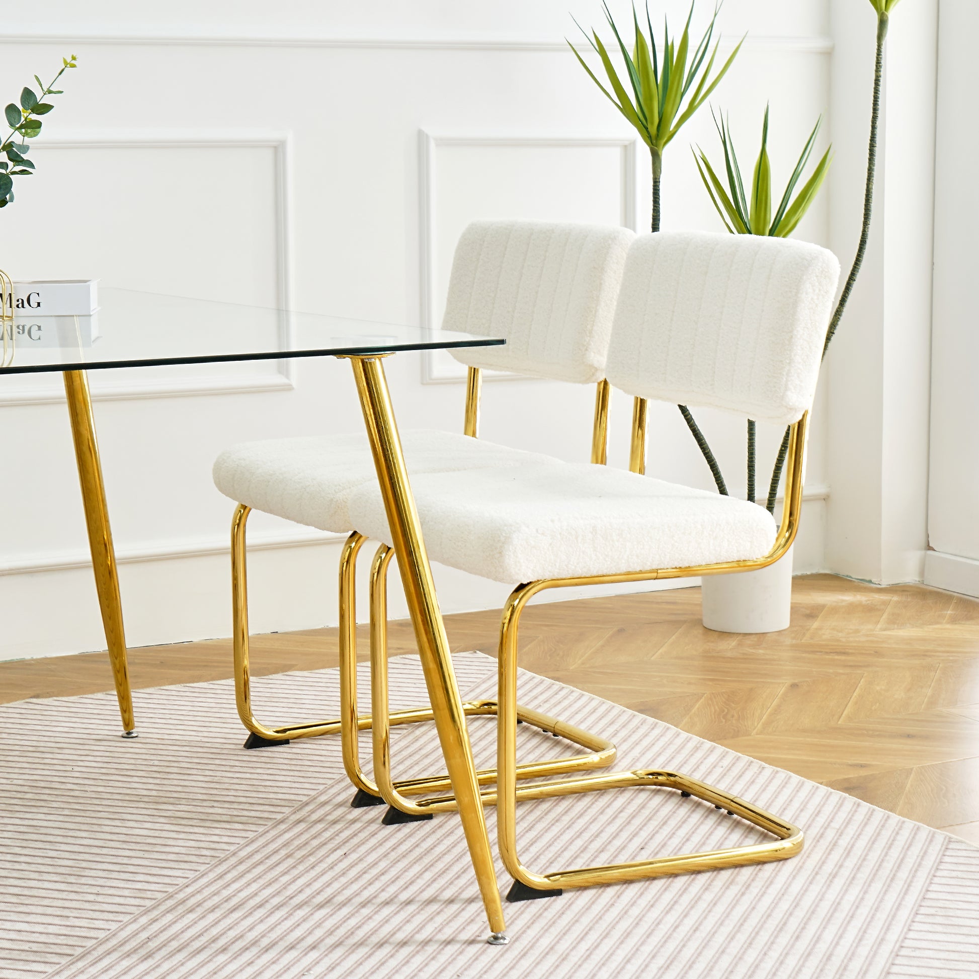 Modern Simple Table And Chair Set, One Table And Four Chairs. Transparent Tempered Glass Top, Gold Plated Legs. Gold Plated Metal Chair Legs Set Of 5 White Gold Dining Room Rectangular Kitchen &
