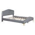 Queen Size Velvet Platform Bed With Thick Fabric, Stylish Stripe Decorated Bedboard And Elegant Metal Bed Leg, Gray Gray Velvet