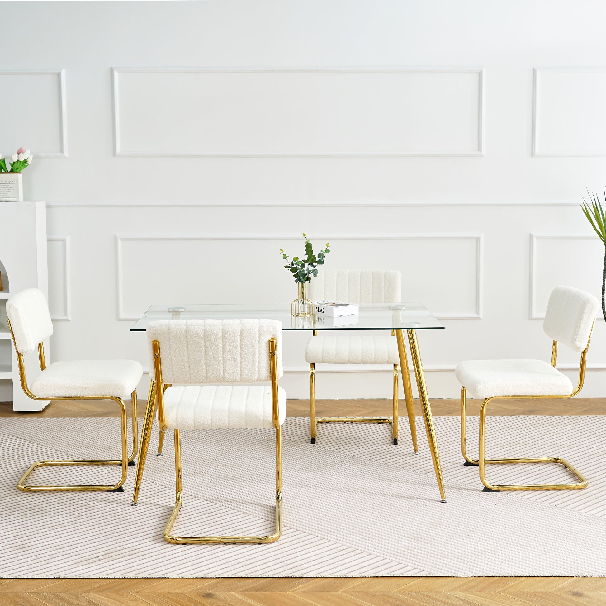 Modern Simple Table And Chair Set, One Table And Four Chairs. Transparent Tempered Glass Top, Gold Plated Legs. Gold Plated Metal Chair Legs Set Of 5 White Gold Dining Room Rectangular Kitchen &