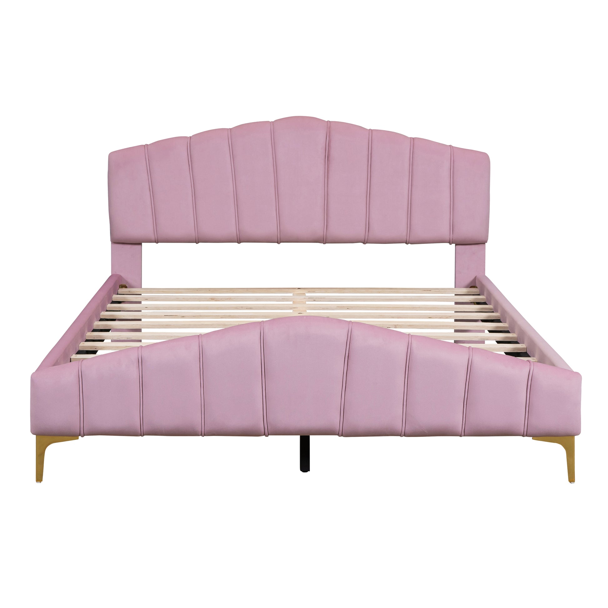 Queen Size Velvet Platform Bed With Thick Fabric, Stylish Stripe Decorated Bedboard And Elegant Metal Bed Leg, Pink Pink Velvet