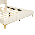 Queen Size Velvet Platform Bed With Thick Fabric, Stylish Stripe Decorated Bedboard And Elegant Metal Bed Leg, Beige Beige Velvet