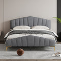 Queen Size Velvet Platform Bed With Thick Fabric, Stylish Stripe Decorated Bedboard And Elegant Metal Bed Leg, Gray Gray Velvet