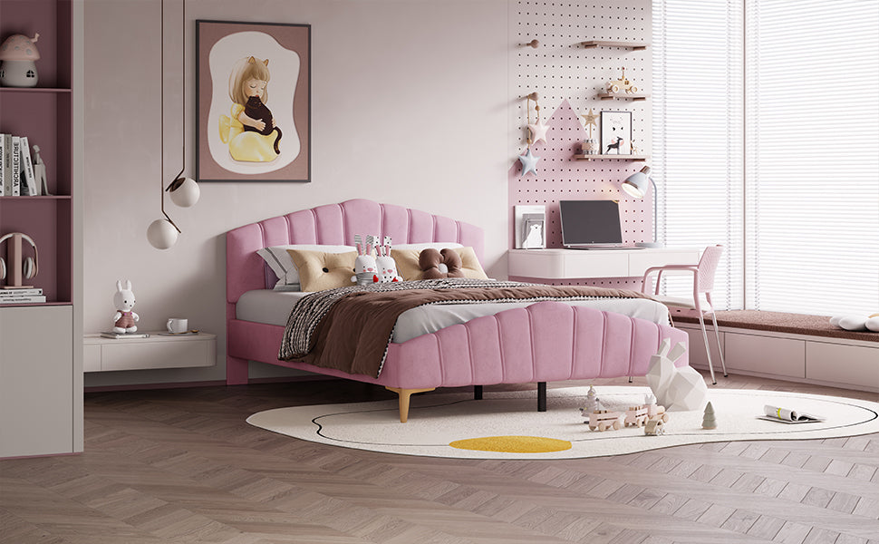 Queen Size Velvet Platform Bed With Thick Fabric, Stylish Stripe Decorated Bedboard And Elegant Metal Bed Leg, Pink Pink Velvet