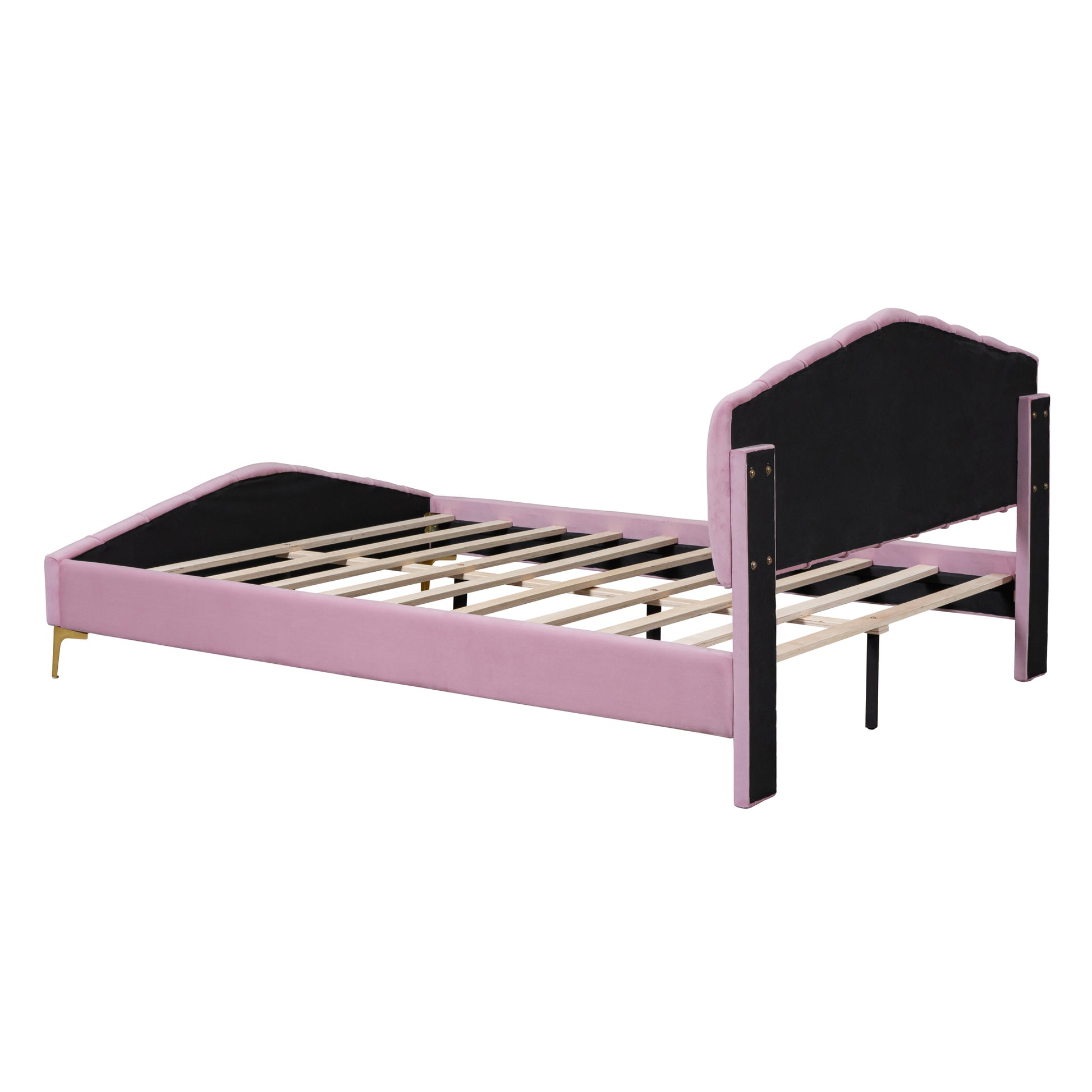 Queen Size Velvet Platform Bed With Thick Fabric, Stylish Stripe Decorated Bedboard And Elegant Metal Bed Leg, Pink Pink Velvet