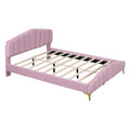 Queen Size Velvet Platform Bed With Thick Fabric, Stylish Stripe Decorated Bedboard And Elegant Metal Bed Leg, Pink Pink Velvet