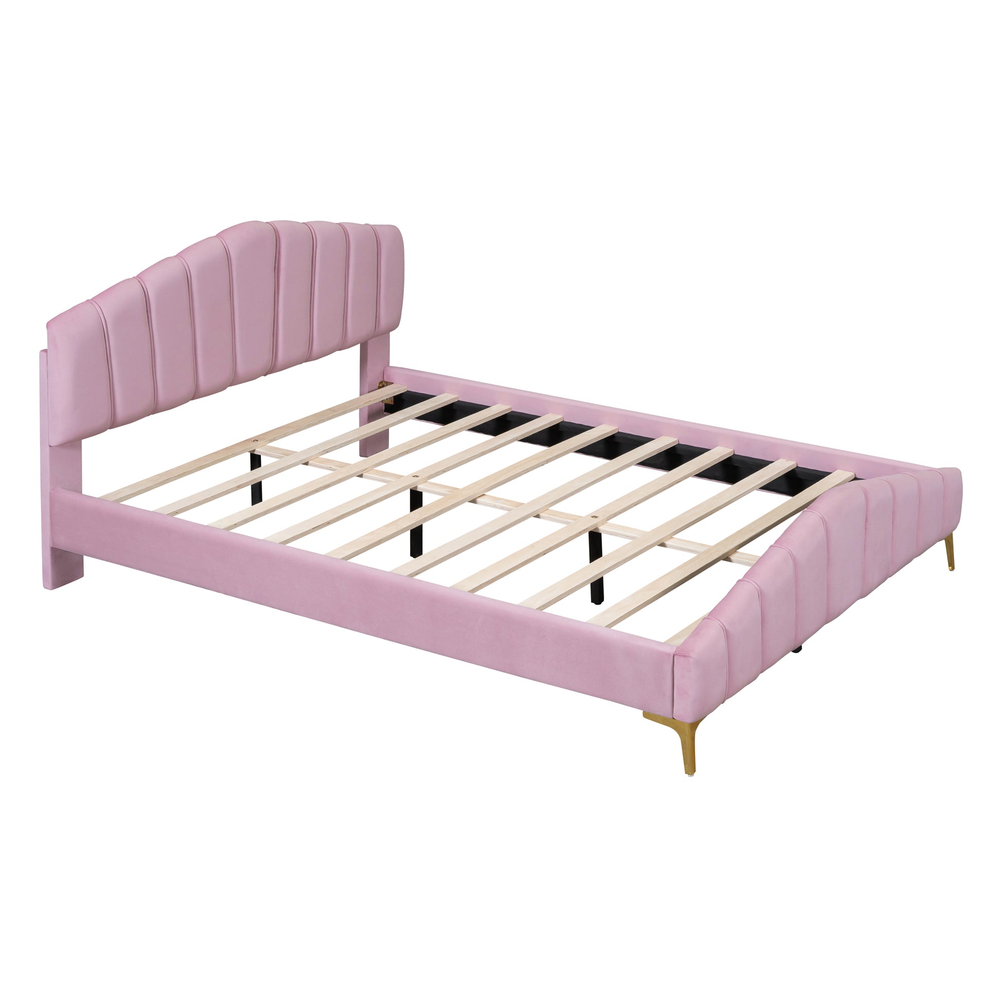Queen Size Velvet Platform Bed With Thick Fabric, Stylish Stripe Decorated Bedboard And Elegant Metal Bed Leg, Pink Pink Velvet