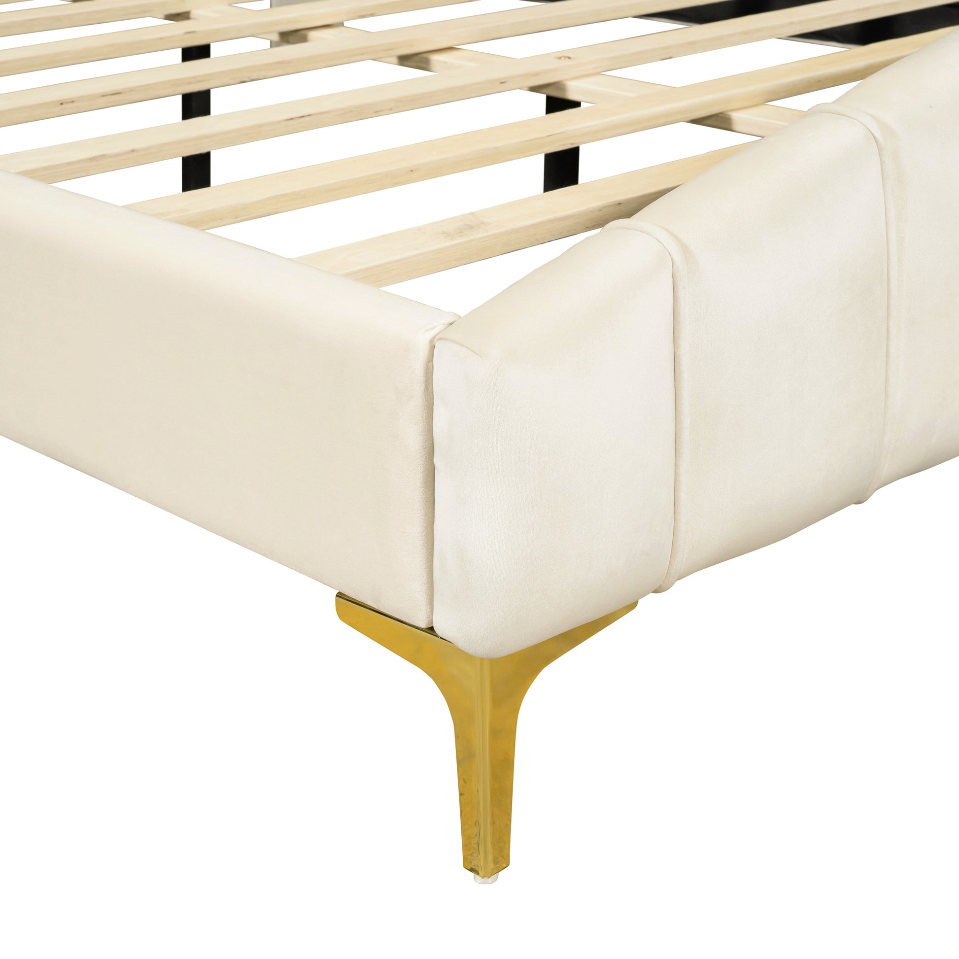 Queen Size Velvet Platform Bed With Thick Fabric, Stylish Stripe Decorated Bedboard And Elegant Metal Bed Leg, Beige Beige Velvet