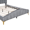 Queen Size Velvet Platform Bed With Thick Fabric, Stylish Stripe Decorated Bedboard And Elegant Metal Bed Leg, Gray Gray Velvet