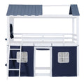 Twin Size Bunk Wood House Bed With Elegant Windows, Sills And Tent, Blue White Twin White Blue Solid Wood Mdf