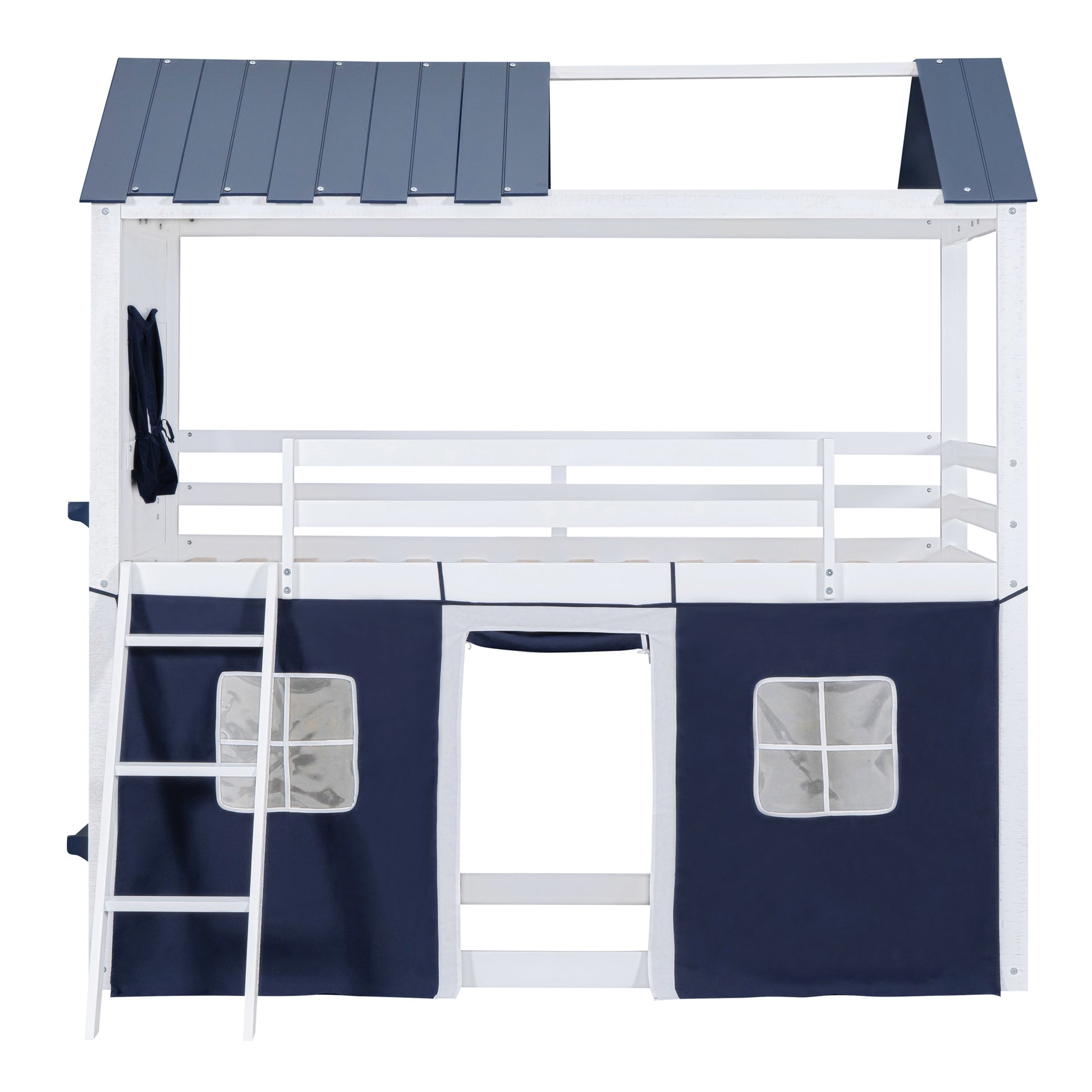 Twin Size Bunk Wood House Bed With Elegant Windows, Sills And Tent, Blue White Twin White Blue Solid Wood Mdf