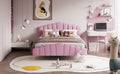 Queen Size Velvet Platform Bed With Thick Fabric, Stylish Stripe Decorated Bedboard And Elegant Metal Bed Leg, Pink Pink Velvet
