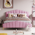 Queen Size Velvet Platform Bed With Thick Fabric, Stylish Stripe Decorated Bedboard And Elegant Metal Bed Leg, Pink Pink Velvet