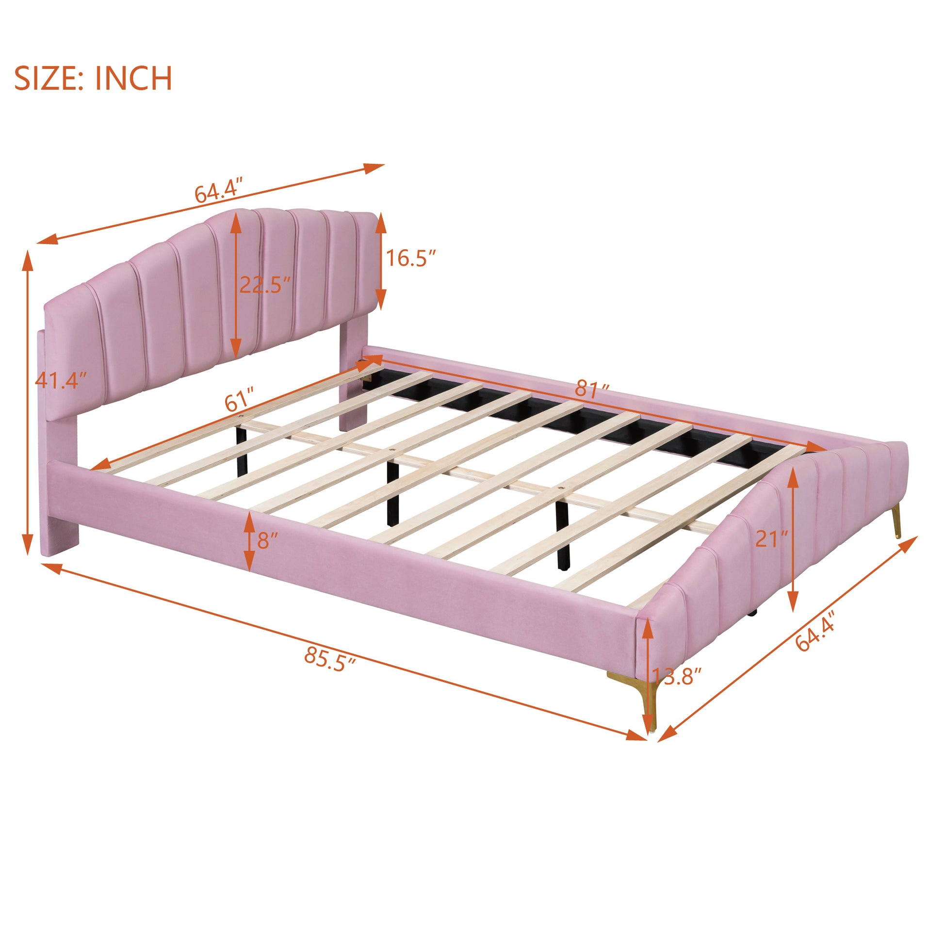Queen Size Velvet Platform Bed With Thick Fabric, Stylish Stripe Decorated Bedboard And Elegant Metal Bed Leg, Pink Pink Velvet