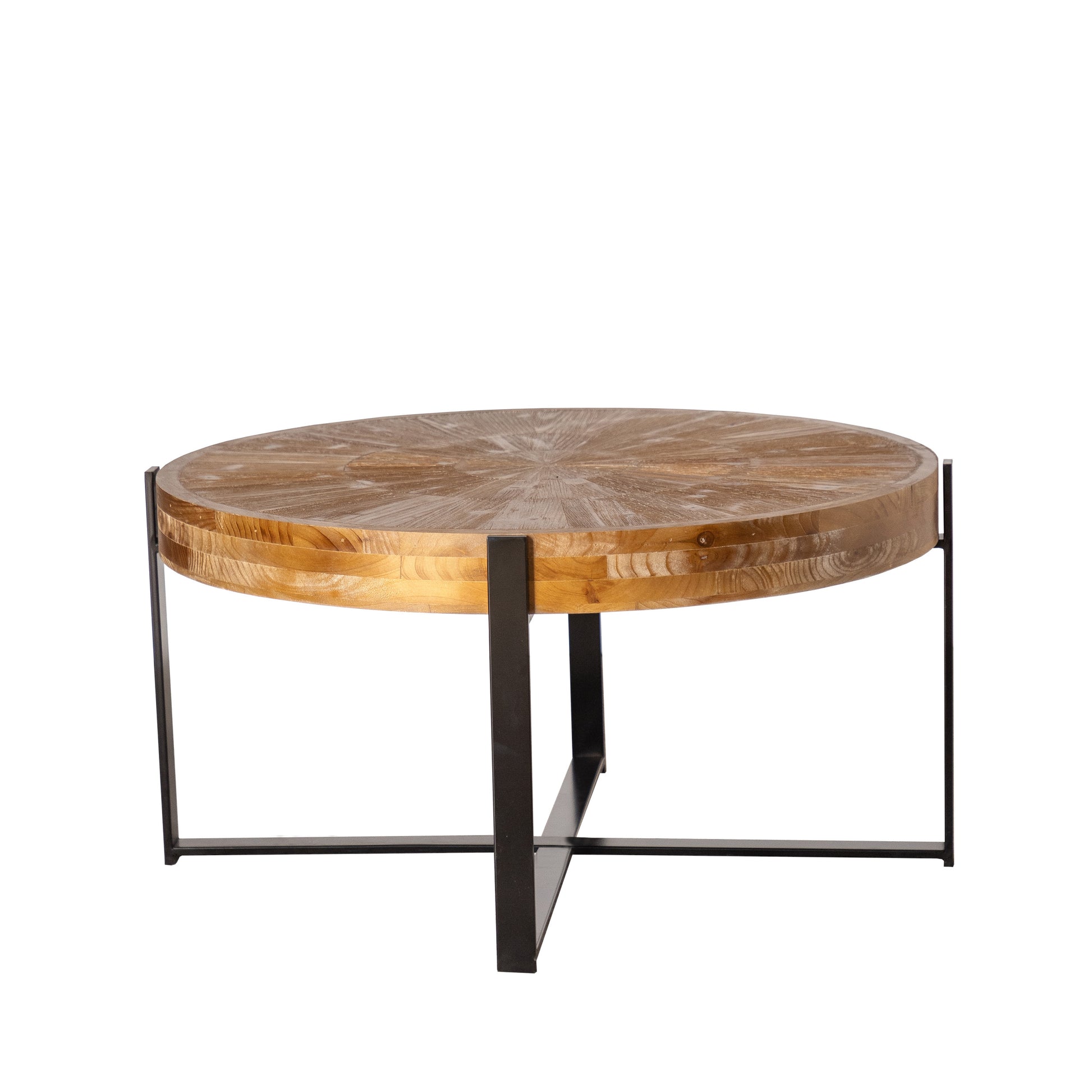 33.46"Retro Drawing Technology Splicing Round Coffee Table,Fir Wood Table Top With Black Cross Legs Base Natural Mdf Steel