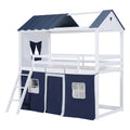 Twin Size Bunk Wood House Bed With Elegant Windows, Sills And Tent, Blue White Twin White Blue Solid Wood Mdf
