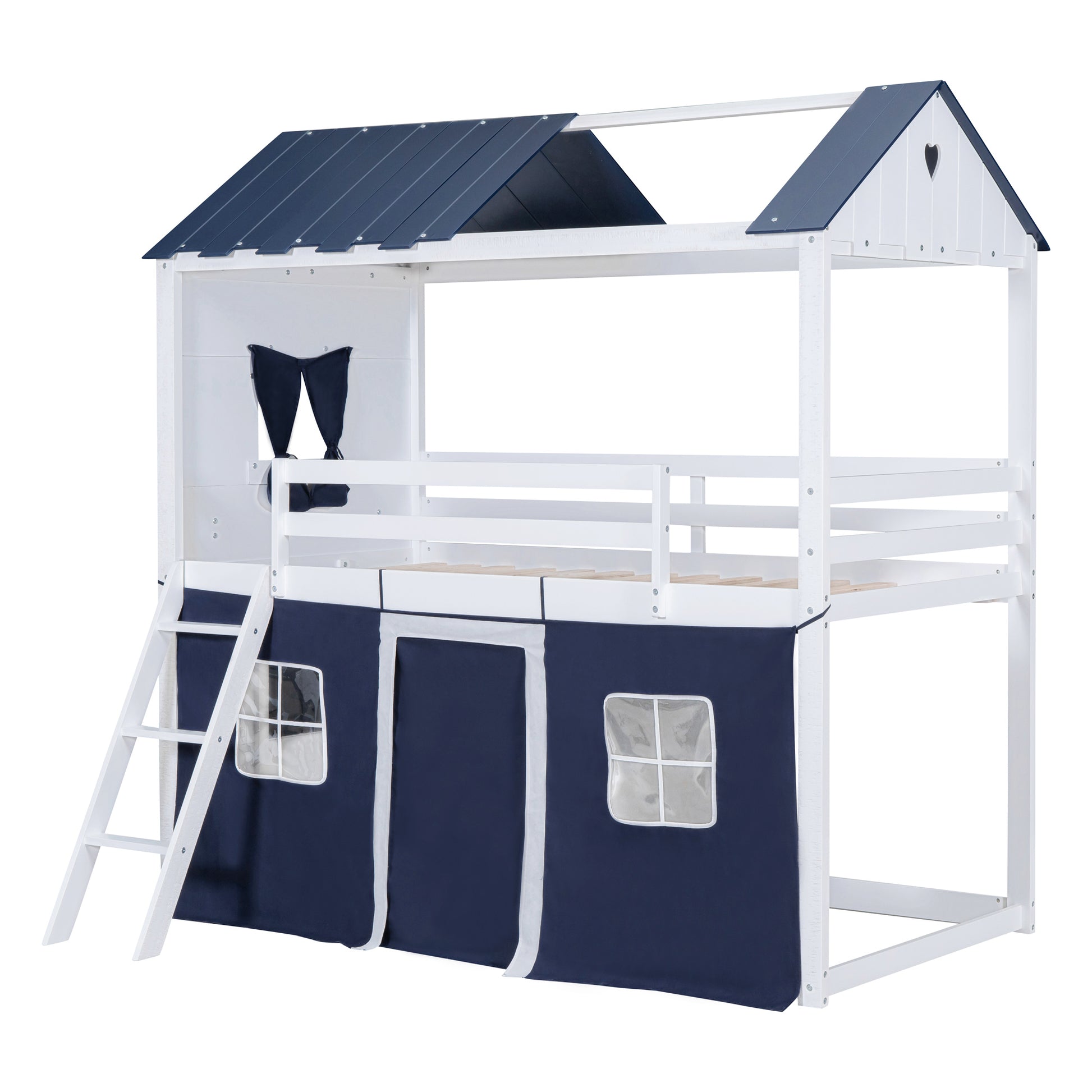 Twin Size Bunk Wood House Bed With Elegant Windows, Sills And Tent, Blue White Twin White Blue Solid Wood Mdf