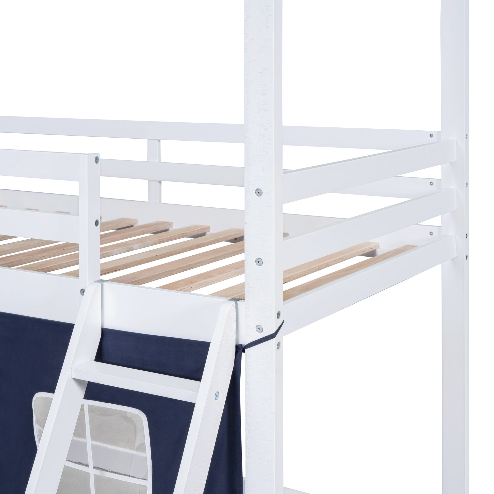 Twin Size Bunk Wood House Bed With Elegant Windows, Sills And Tent, Blue White Twin White Blue Solid Wood Mdf