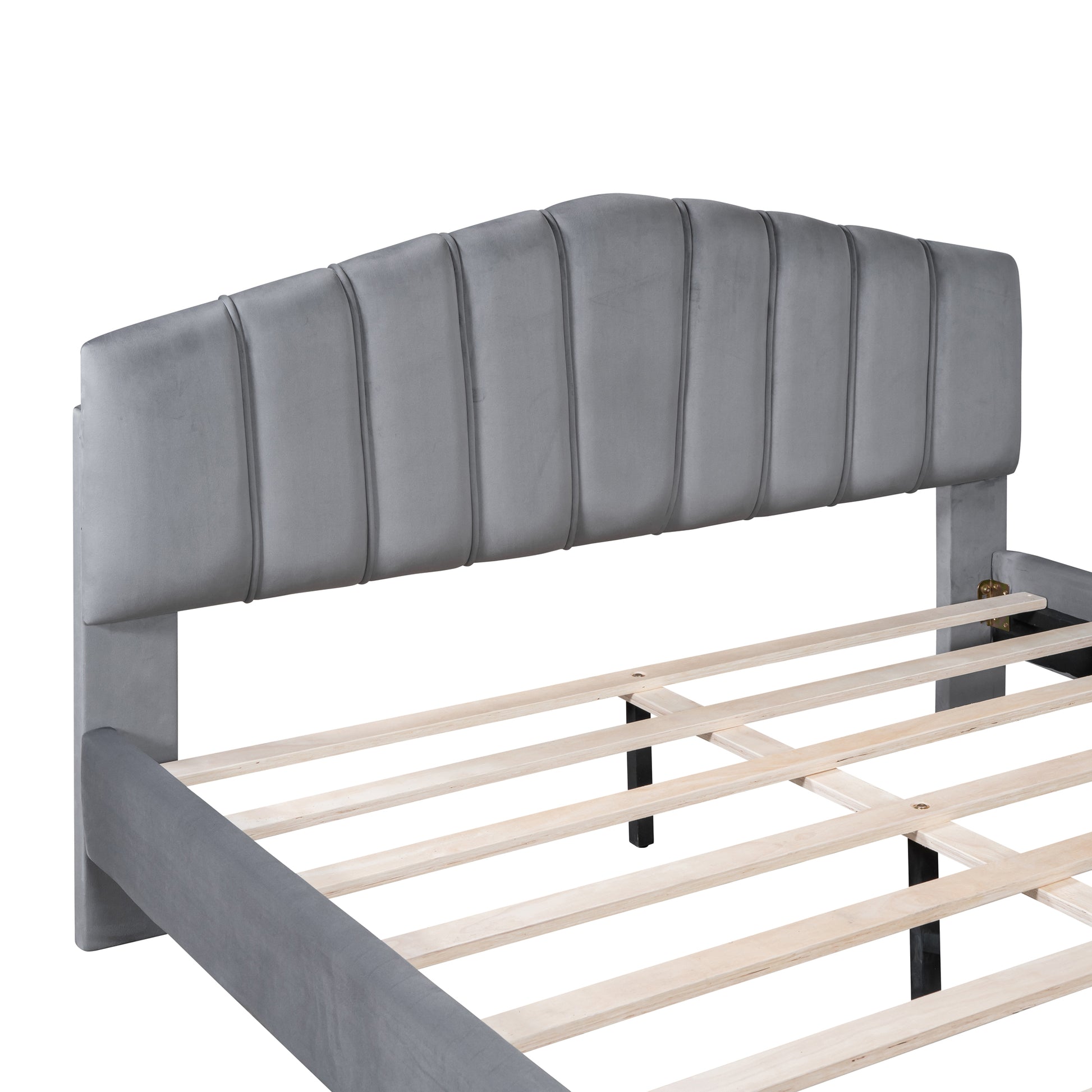 Queen Size Velvet Platform Bed With Thick Fabric, Stylish Stripe Decorated Bedboard And Elegant Metal Bed Leg, Gray Gray Velvet