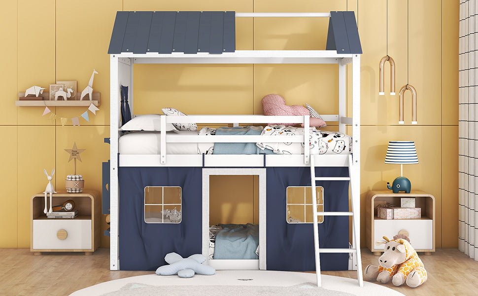 Twin Size Bunk Wood House Bed With Elegant Windows, Sills And Tent, Blue White Twin White Blue Solid Wood Mdf