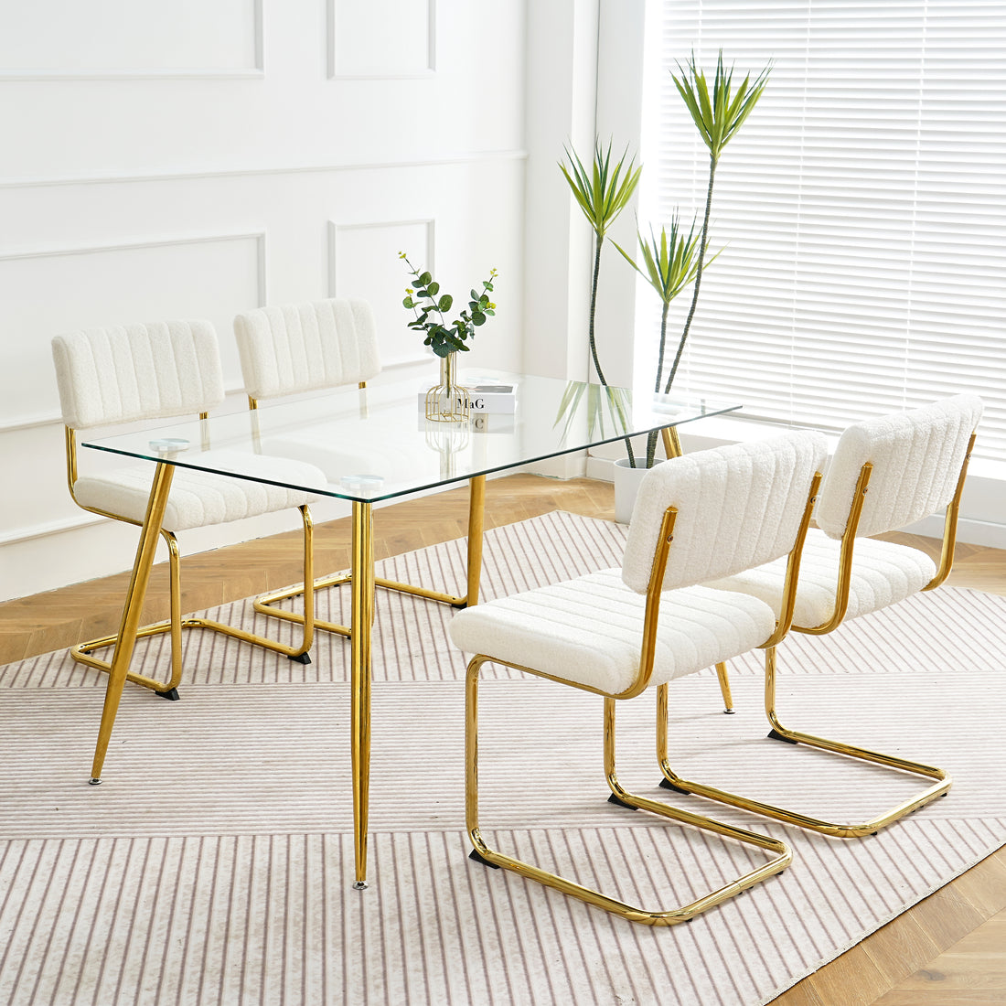Modern Simple Table And Chair Set, One Table And Four Chairs. Transparent Tempered Glass Top, Gold Plated Legs. Gold Plated Metal Chair Legs Set Of 5 White Gold Dining Room Rectangular Kitchen &
