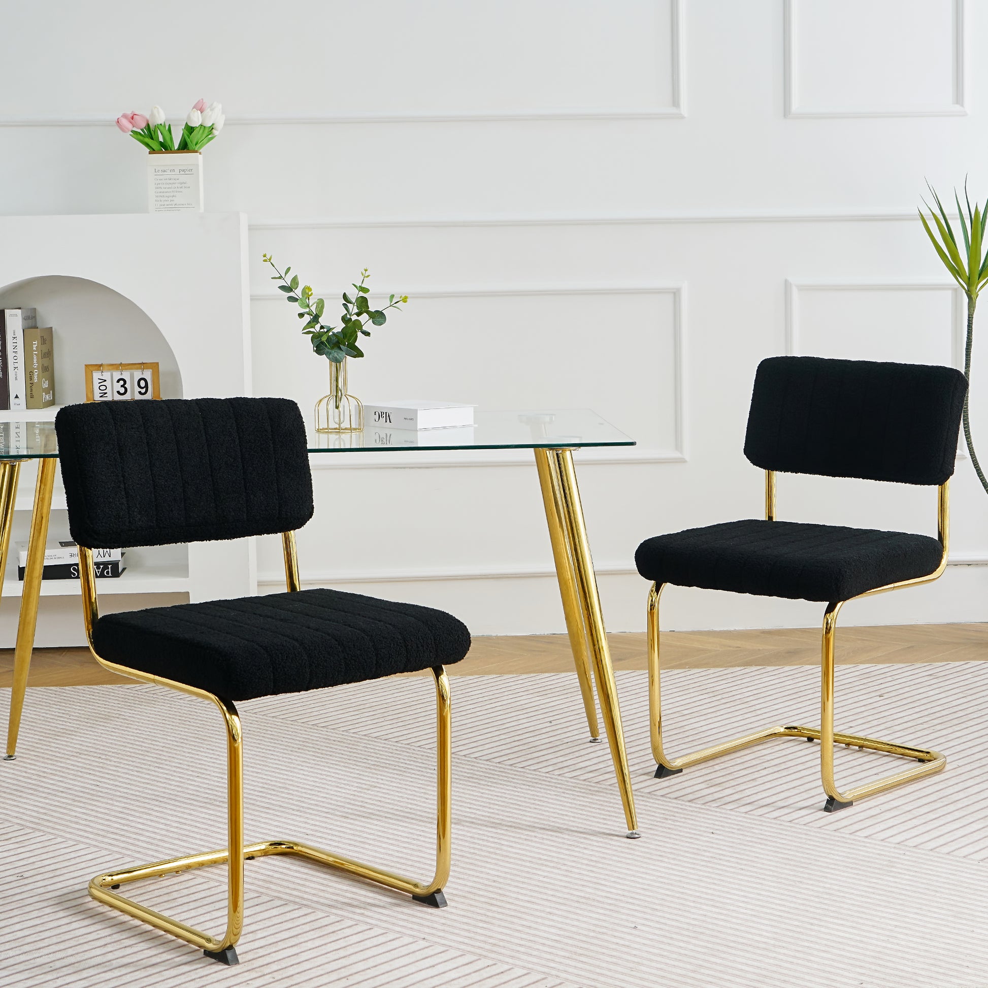 Modern Simple Light Luxury Dining Black Chair Home Bedroom Stool Back Dressing Chair Student Desk Chair Gold Metal Legs Set Of 2 Black Teddy