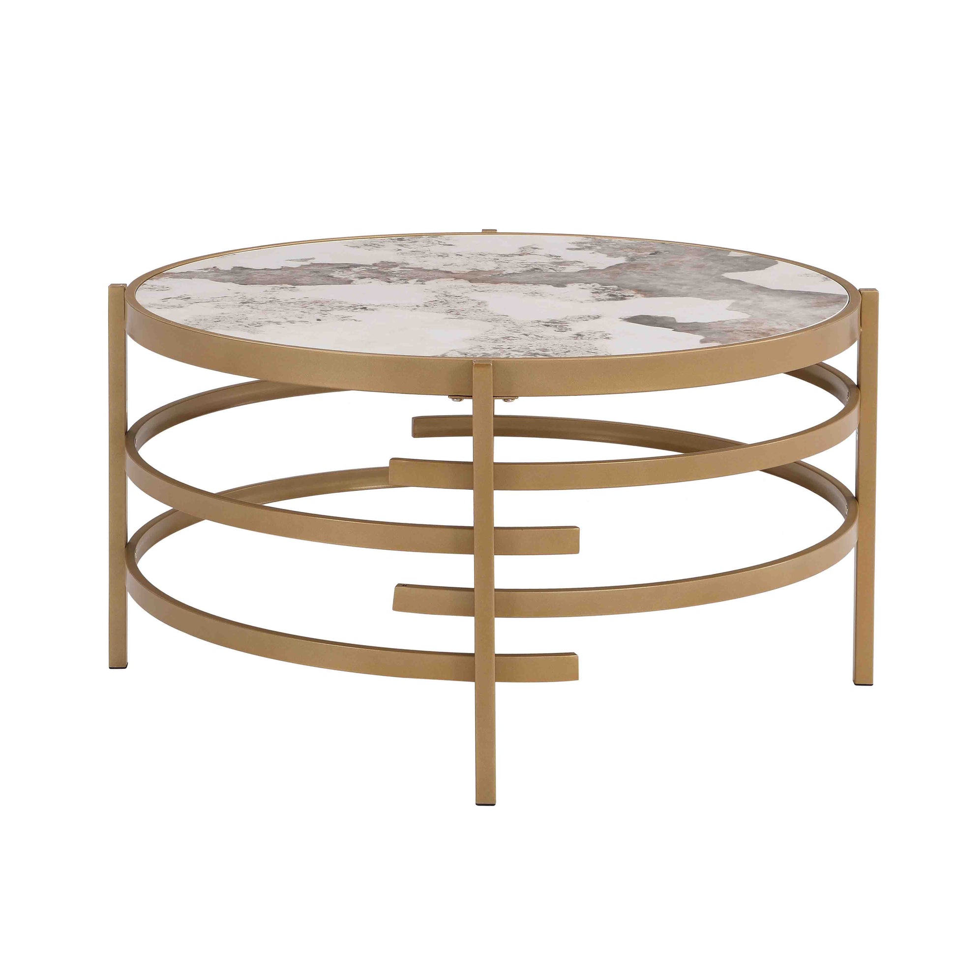 32.48'' Round Coffee Table With Sintered Stone Top&Sturdy Metal Frame, Modern Coffee Table For Living Room, Golden Golden Iron