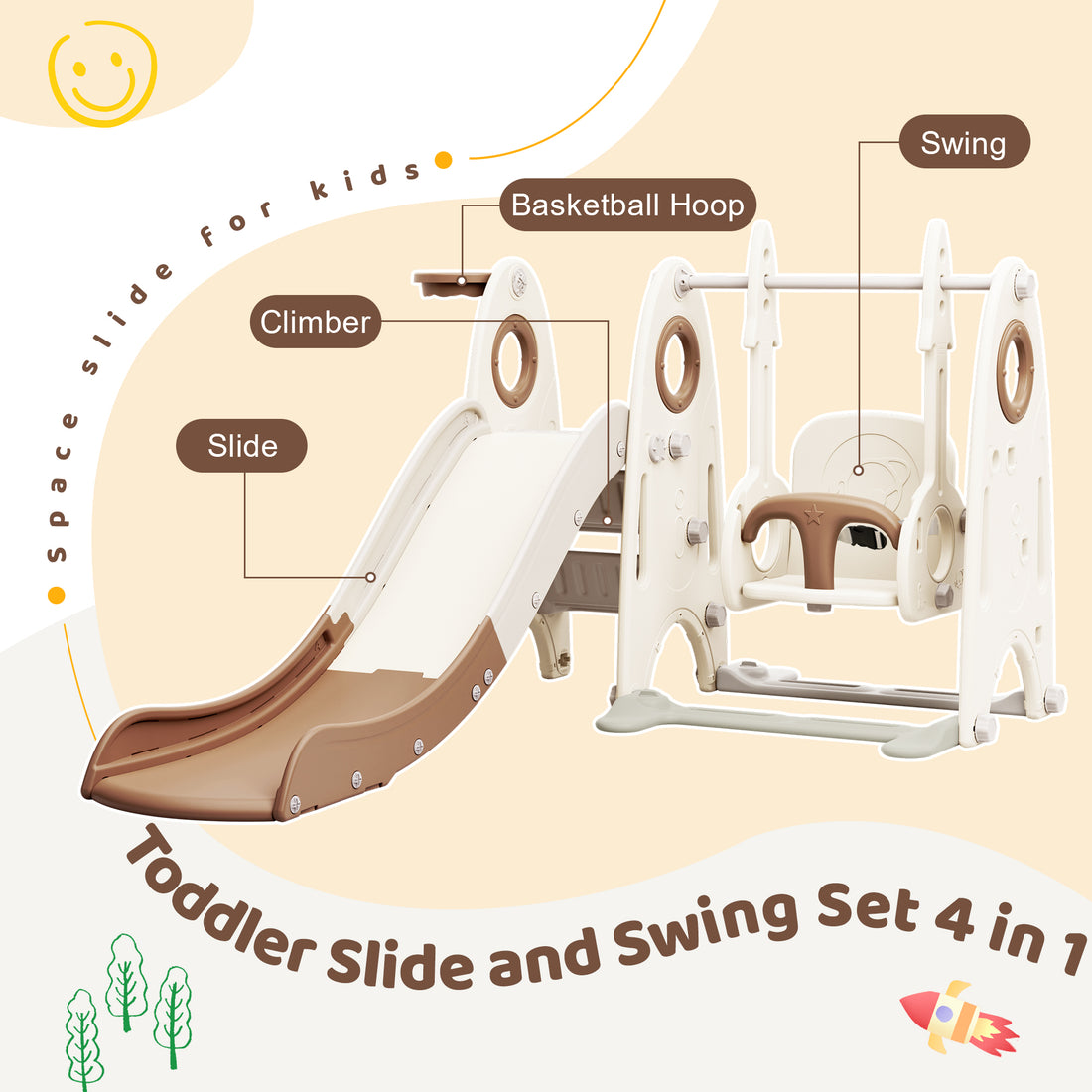 4 In 1 Toddler Slide And Swing Set, Kids Playground Climber Slide Playset With Basketball Hoop,Freestanding Combination For Babies Coffee 50 99 Lbs Hdpe