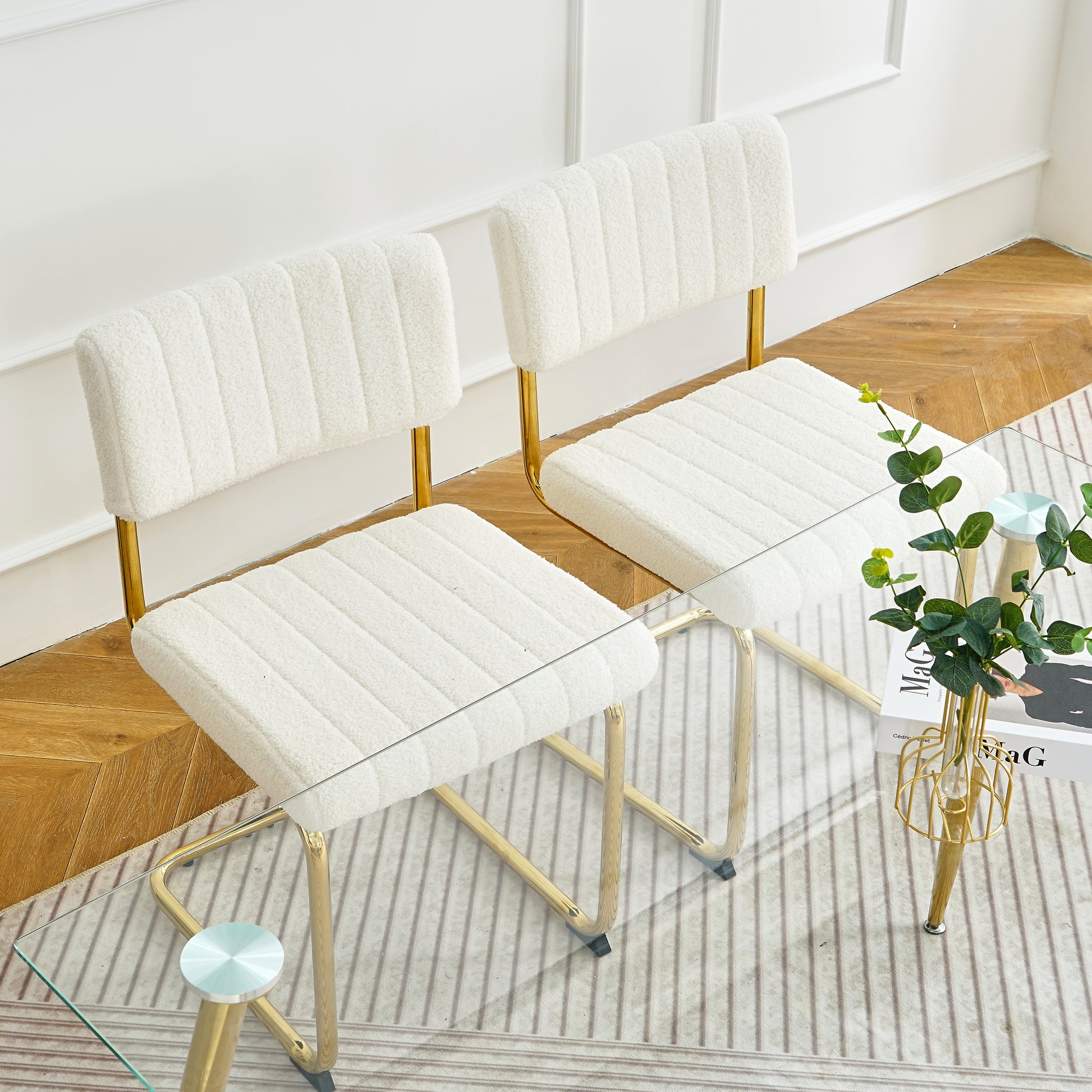 Modern Simple Table And Chair Set, One Table And Four Chairs. Transparent Tempered Glass Top, Gold Plated Legs. Gold Plated Metal Chair Legs Set Of 5 White Gold Dining Room Rectangular Kitchen &