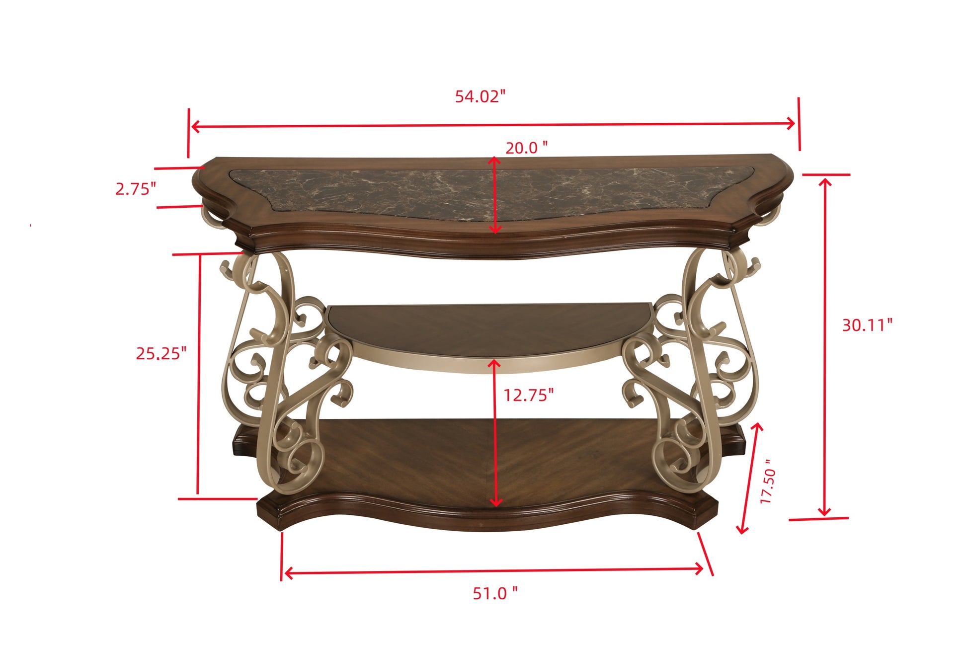 Sofa Table, Marble Paper Top, Mdf With Birch Middle Shelfpowder Coat Finish Metal Legs. 54"Lx20"Wx30"H Champagne Brown Desk Top Triangular Bedroom Floor Mount Birch L Shape Open Storage Coffee & End Tables Glossy Mdf Pedestal