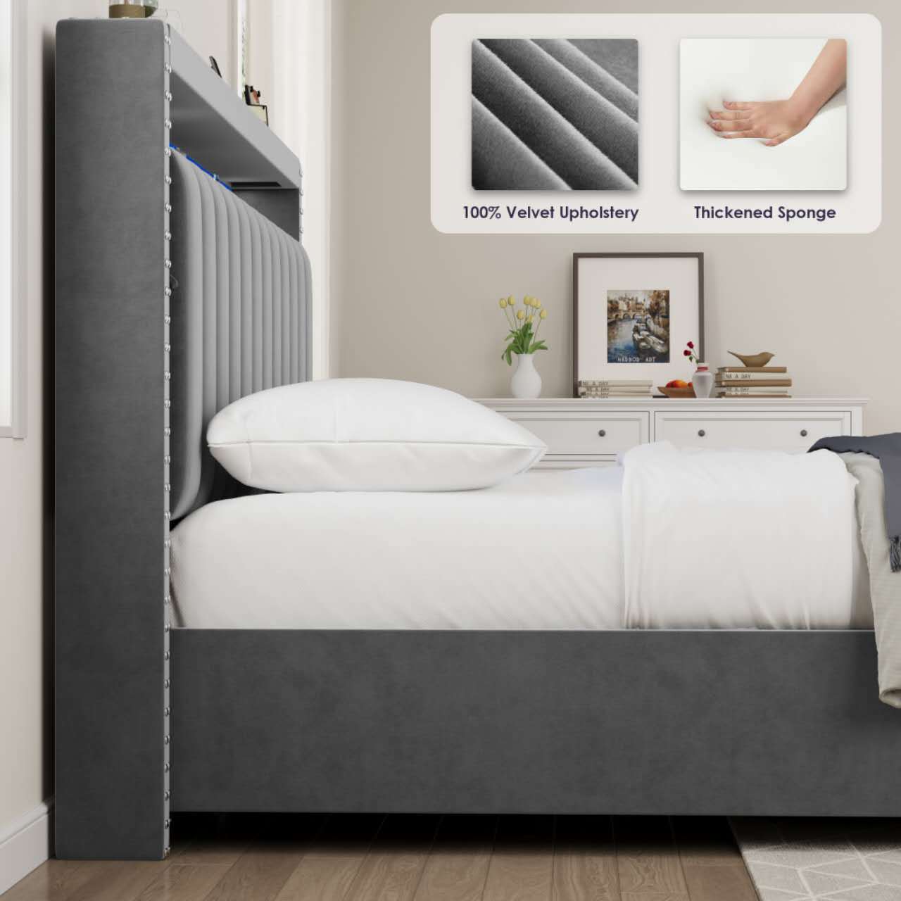 Luxury Gas Lift Storage Bed With Rf Led Lights, Storage Headboard ,King Size ,Velvet Grey Box Spring Not Required King Dark Gray Wood Brown Bedroom American Design Poplar Slat Beds Polyurethane Foam Velvet Metal & Wood