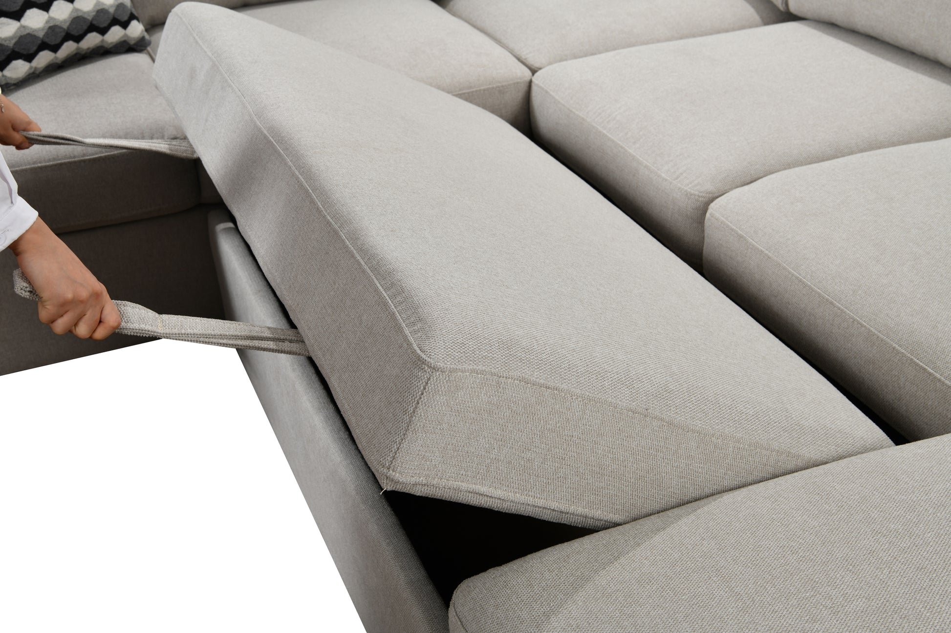 125'' Modern U Shaped 7 Seat Sectional Sofa Couch With Cabinet,Sofa Bed With Storage Chaise Pull Out Couch Bed For Living Room,Beige Light Brown Wood Primary Living Space Heavy Duty Eucalyptus 7 Seat Beige Polyester Soft Pillow Back Modern Square Arms