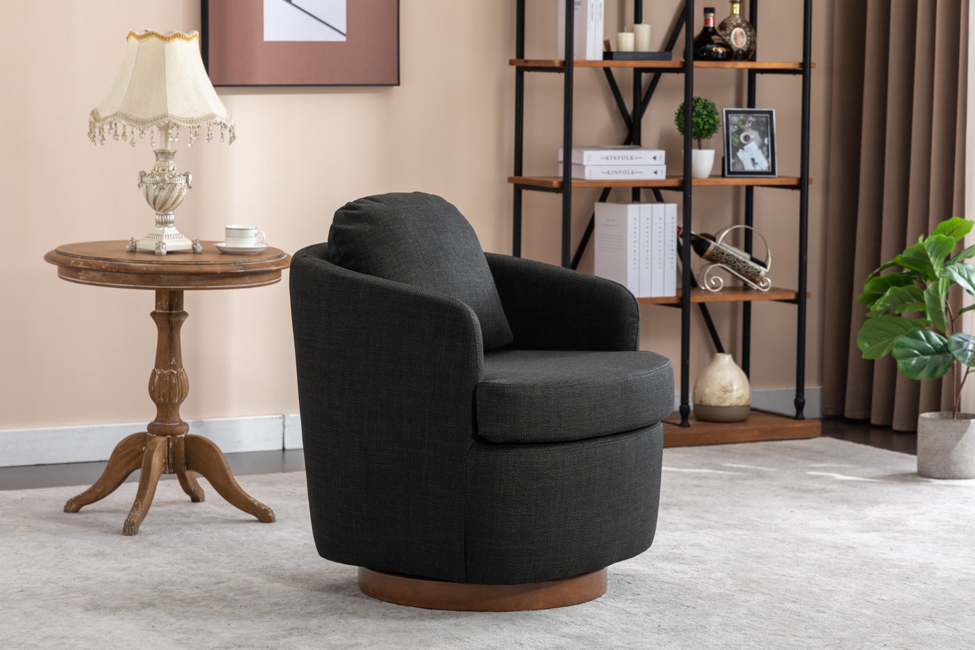 035 Linen Fabric Swivel Accent Chair With Soild Wood Round Brown Base Leg,Dark Gray Dark Gray Brown Primary Living Space Modern Eucalyptus Foam Linen