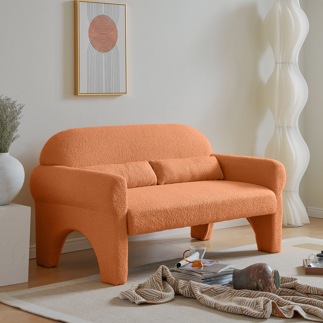 Modern Boucle Seat For Living Room Orange Foam 2 Seat