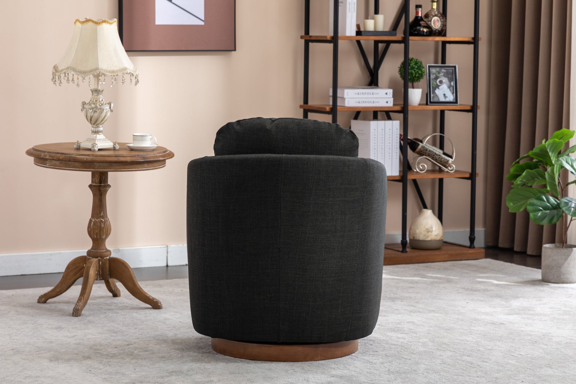 035 Linen Fabric Swivel Accent Chair With Soild Wood Round Brown Base Leg,Dark Gray Dark Gray Brown Primary Living Space Modern Eucalyptus Foam Linen