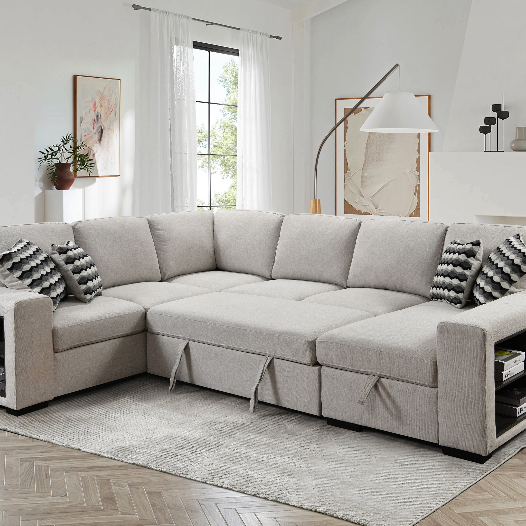 125'' Modern U Shaped 7 Seat Sectional Sofa Couch With Cabinet,Sofa Bed With Storage Chaise Pull Out Couch Bed For Living Room,Beige Light Brown Wood Primary Living Space Heavy Duty Eucalyptus 7 Seat Beige Polyester Soft Pillow Back Modern Square Arms