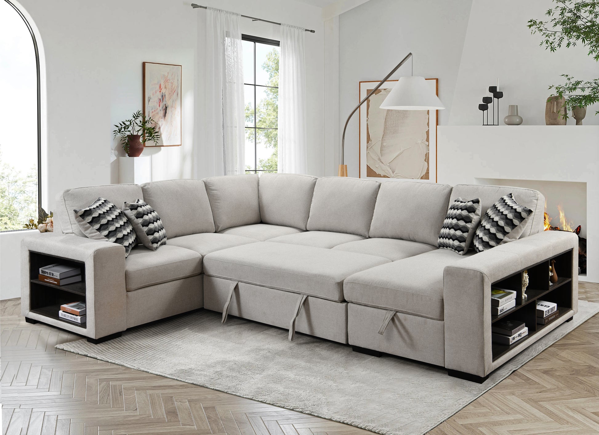 125'' Modern U Shaped 7 Seat Sectional Sofa Couch With Cabinet,Sofa Bed With Storage Chaise Pull Out Couch Bed For Living Room,Beige Light Brown Wood Primary Living Space Heavy Duty Eucalyptus 7 Seat Beige Polyester Soft Pillow Back Modern Square Arms