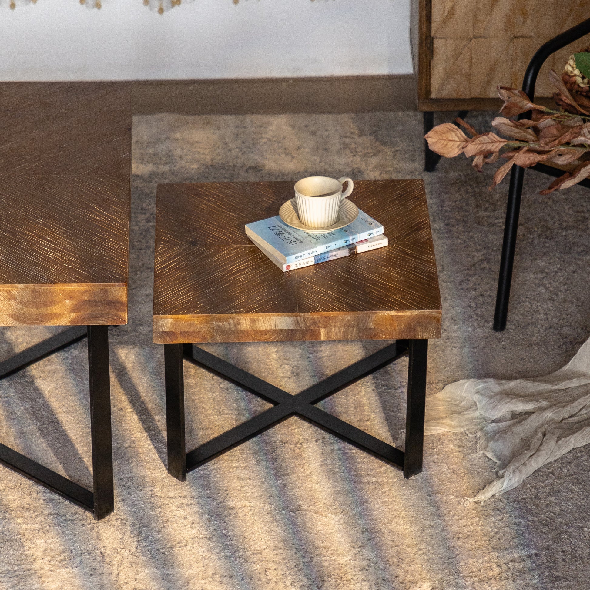 31.3"Modern Retro Splicing Square Coffee Tablefir Wood Table Top With Cross Legs Metal Base Set Of 2 Pcs Natural Mdf Steel