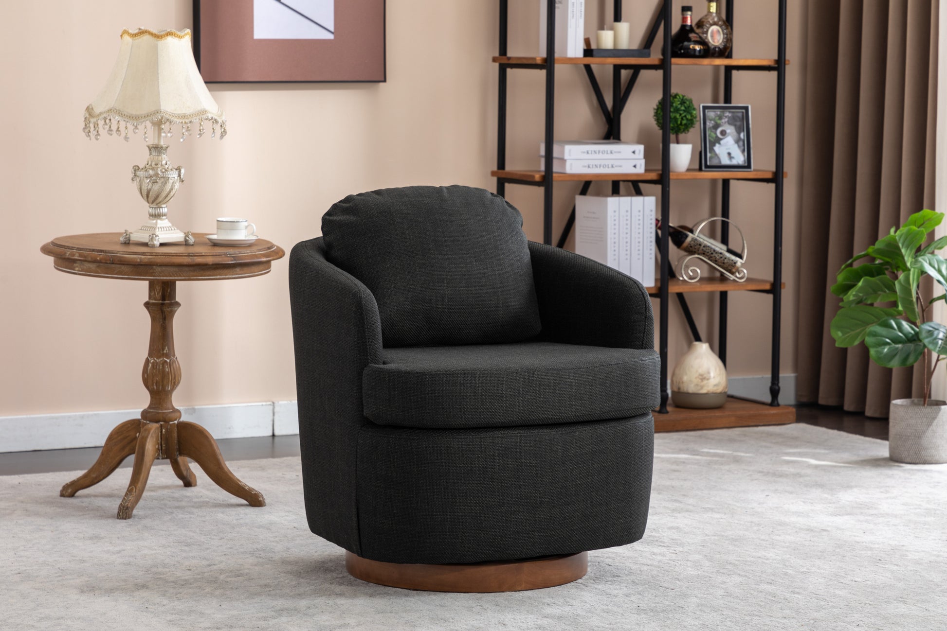 035 Linen Fabric Swivel Accent Chair With Soild Wood Round Brown Base Leg,Dark Gray Dark Gray Brown Primary Living Space Modern Eucalyptus Foam Linen