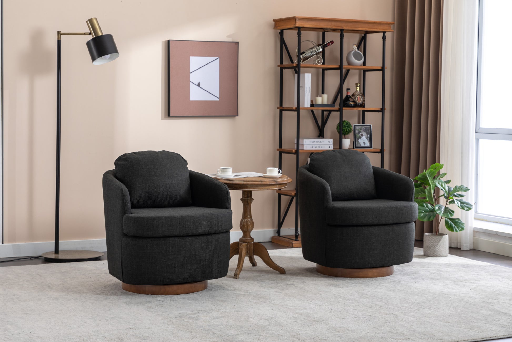 035 Linen Fabric Swivel Accent Chair With Soild Wood Round Brown Base Leg,Dark Gray Dark Gray Brown Primary Living Space Modern Eucalyptus Foam Linen