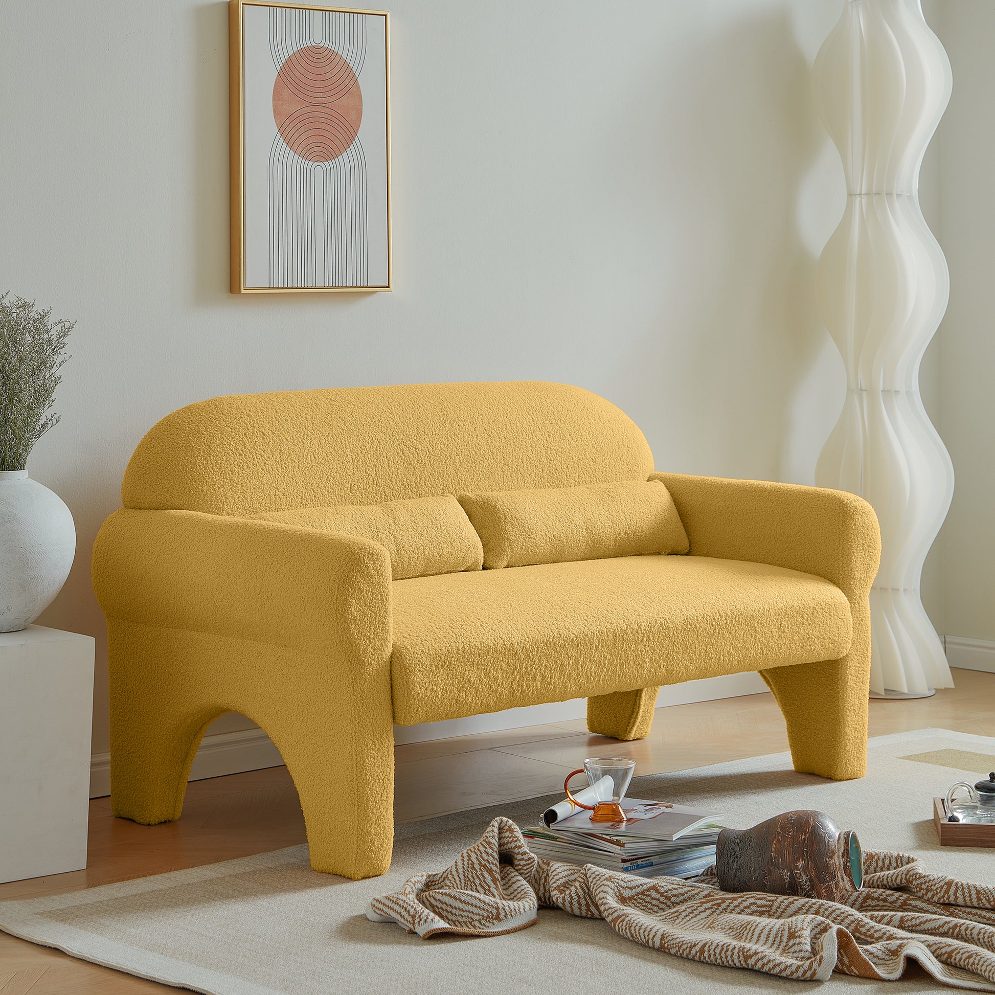 Modern Boucle Seat For Living Room Yellow Foam 2 Seat