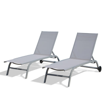 Chaise Lounge Outdoor Set Of 2, Lounge Chairs For Outside With Wheels, Outdoor Lounge Chairs With 5 Adjustable Position, Pool Lounge Chairs For Patio, Beach, Yard, Deck, Poolside Grey,2 Lounge Chairs Grey Aluminium